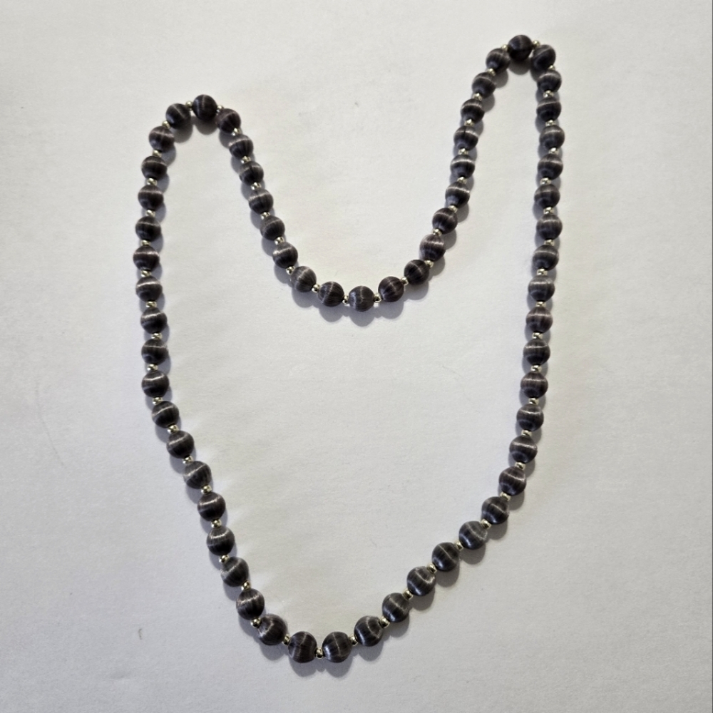 Gold Tone & Gray Silk Thread Beaded Necklace